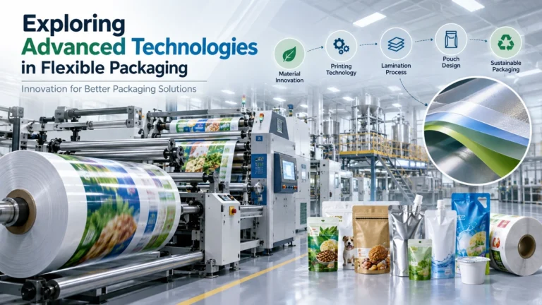 Flexible packaging technology infographic with printing equipment, film rolls and multilayer film