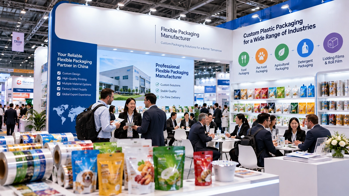 Blue and white flexible packaging exhibition booth with pouches, film rolls and visitors