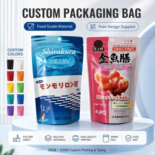plastic packaging bag Custom printed goldfish food plastic packaging bag, pet fish feed stand up pouch with tear notch and hang hole, flexible plastic bag manufacturer sample