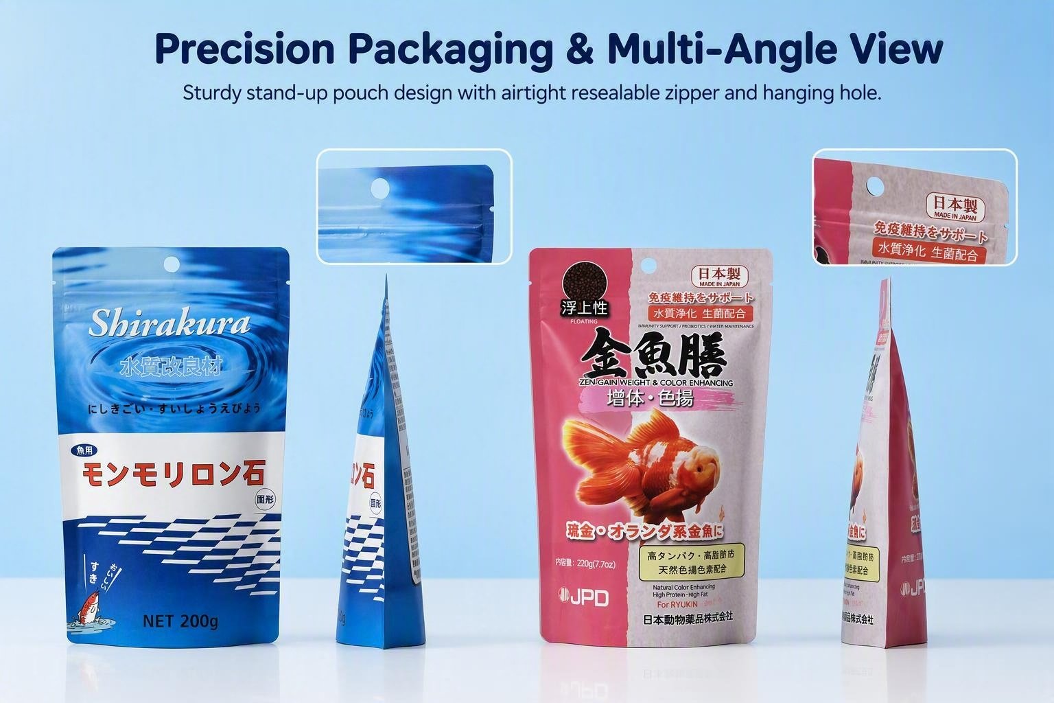 Shirakura & Kingyo-zen goldfish fish food pouch packaging with custom printing. High-quality stand-up zipper bag solutions for aquarium products.