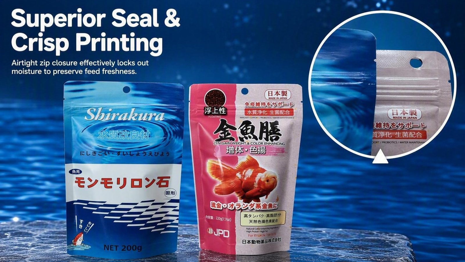 Shirakura & Kingyo-zen goldfish fish food pouch packaging with custom printing. High-quality stand-up zipper bag solutions for aquarium products.