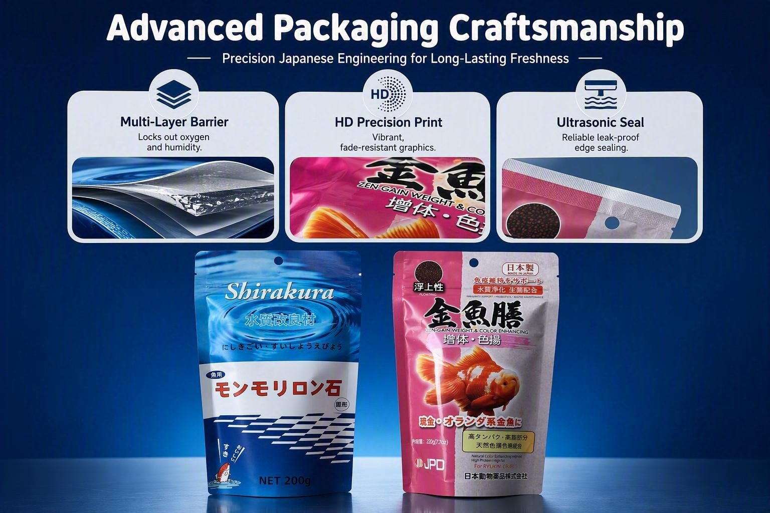 Shirakura & Kingyo-zen goldfish fish food pouch packaging with custom printing. High-quality stand-up zipper bag solutions for aquarium products.