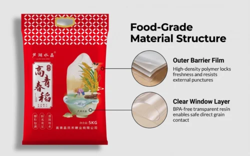 07_商品成分图_标示食品级材质安全结构 定制带手柄塑料防潮米袋