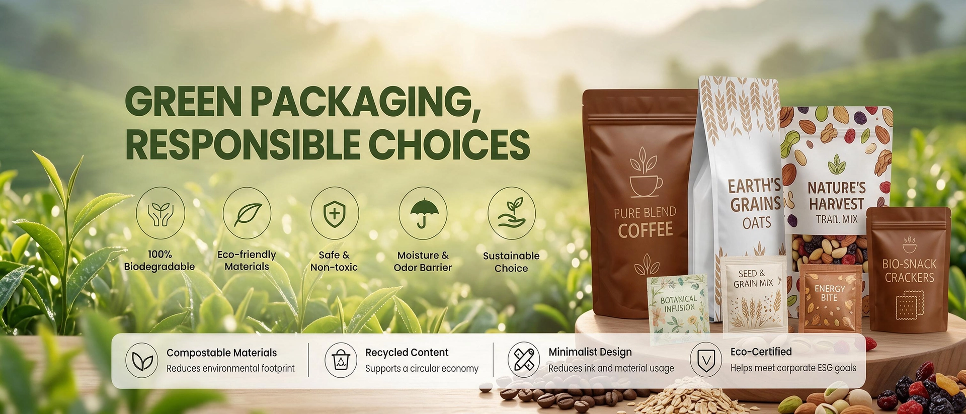 Eco-friendly flexible packaging bags for coffee, oats, nuts and snacks with custom printed pouch designs