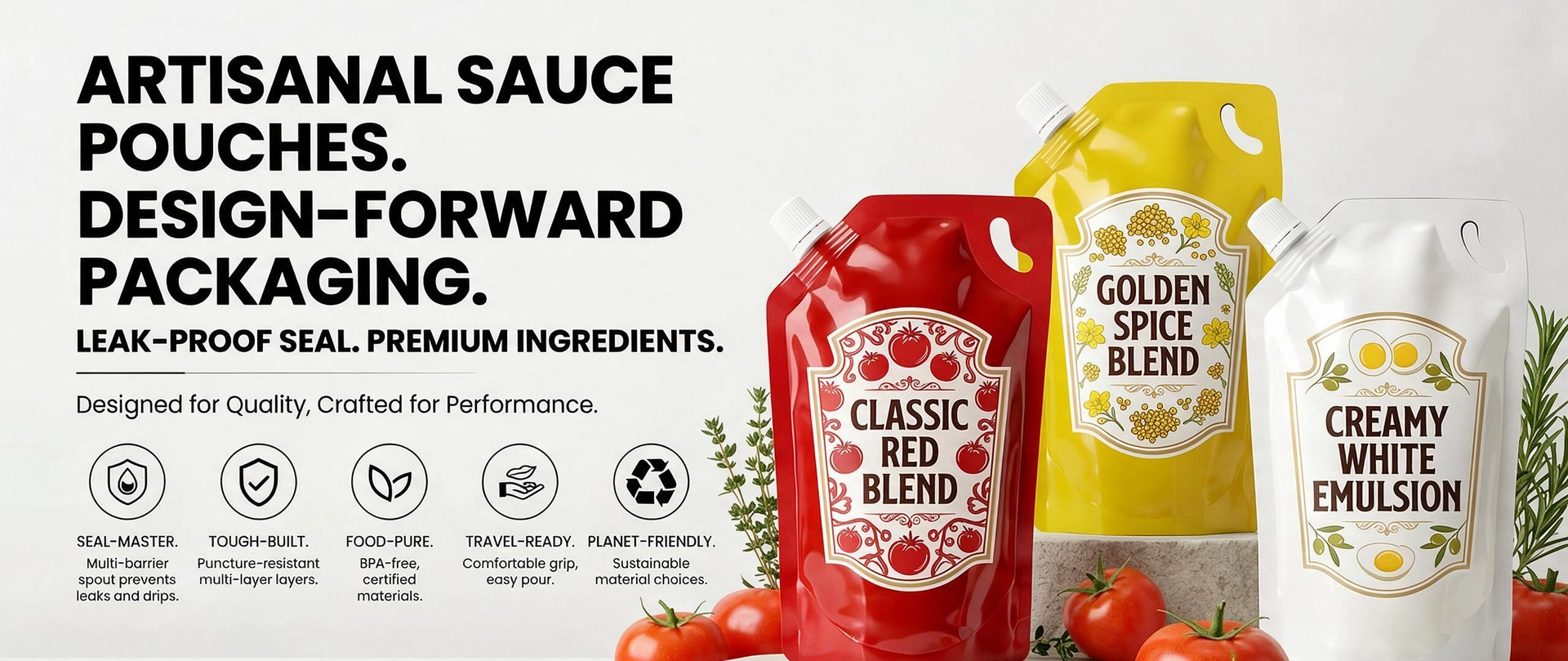 Custom printed sauce spout pouches for ketchup, condiments and liquid food packaging