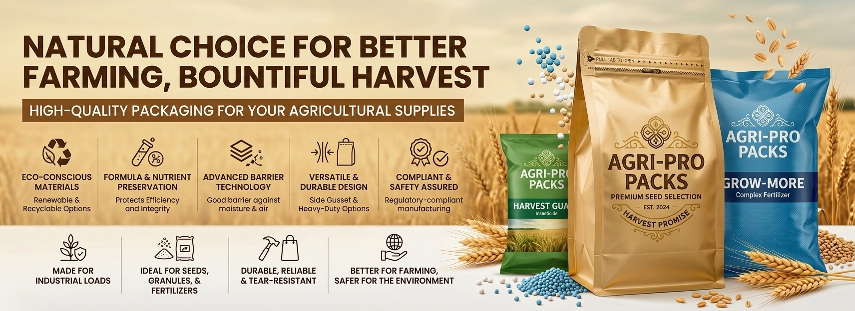 Custom Agricultural Packaging Bags for Seeds, Fertilizers and Agrochemicals with Durable Flexible Packaging Designs