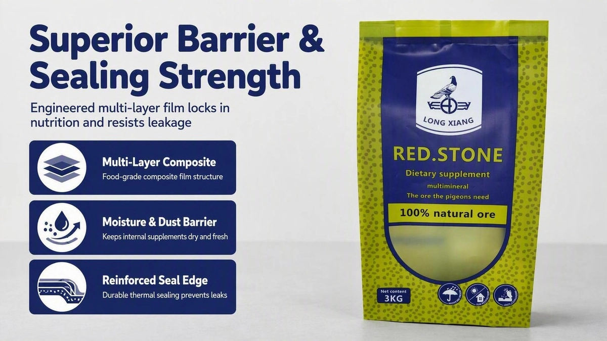 High barrier feed packaging bag featuring multi-layer composite film, moisture barrier, and reinforced sealing edge