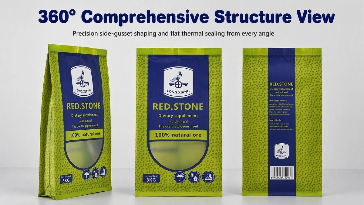 360 degree structure view of side gusset feed packaging bag displaying front, side, and back thermal sealing