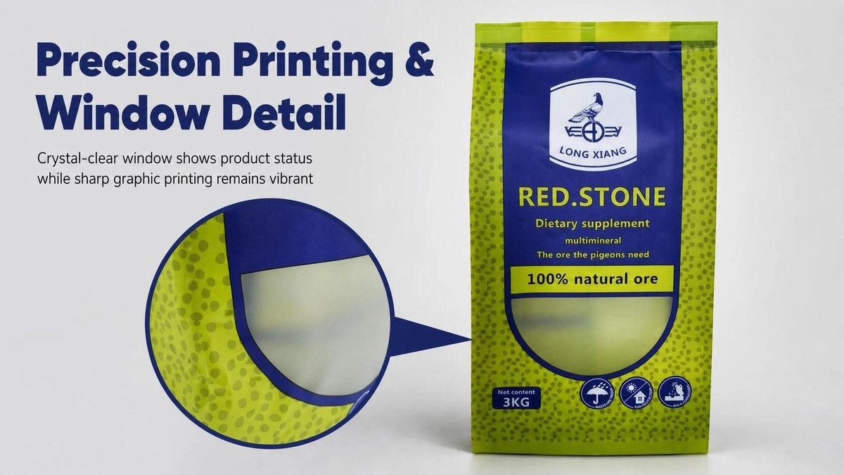 Safe food-grade material composition for animal feed bag showing virgin polyethylene, high-barrier substrate, and eco-friendly ink