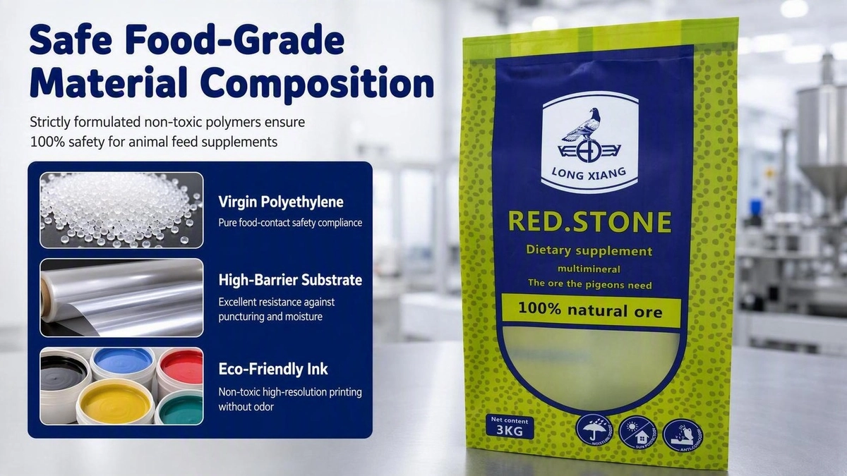 Safe food-grade material composition for animal feed bag showing virgin polyethylene, high-barrier substrate, and eco-friendly ink