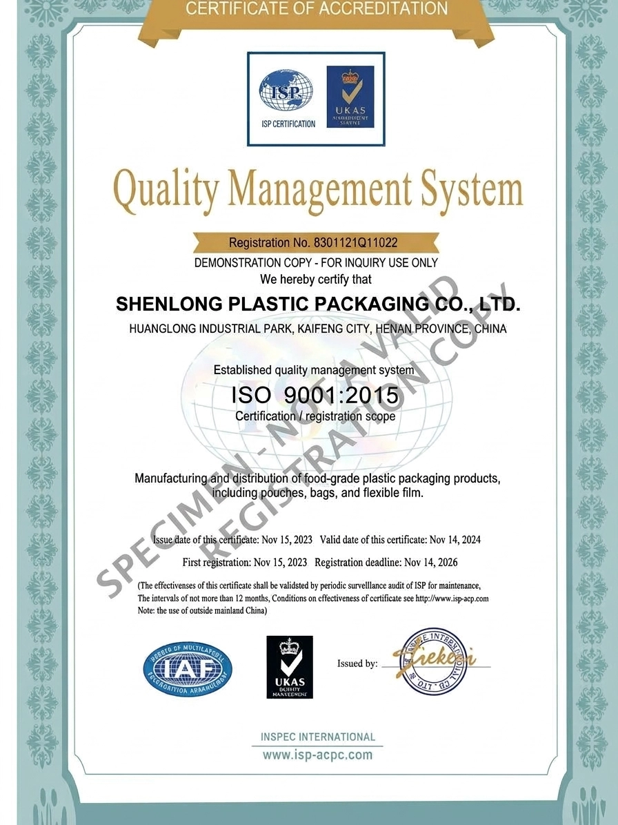 Specimen ISO 9001:2015 quality management certificate for Shenlong Plastic Packaging