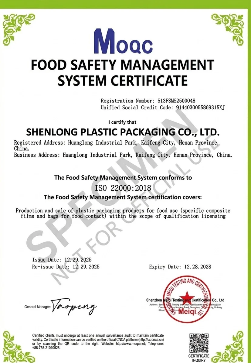 Specimen ISO 22000:2018 food safety management certificate for Shenlong Plastic Packaging
